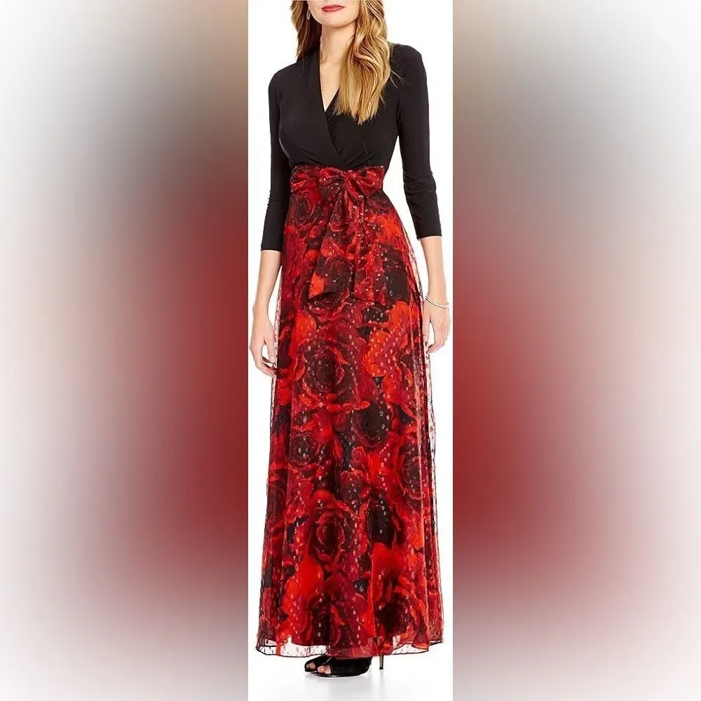 Leslie Fay Maxi Gown Dress Rose Floral Print Skirt Size 10 Vintage Elegant
